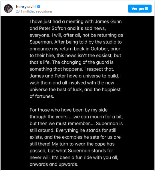 Henry Cavill anuncia que DC dispensou seu retorno como Superman em